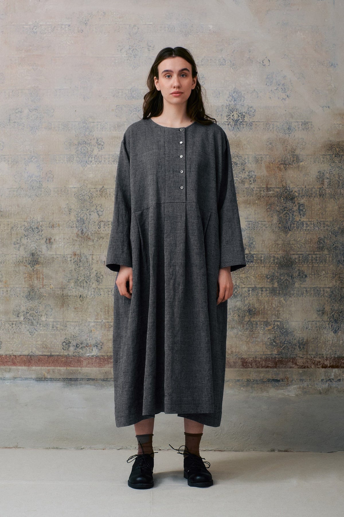 Grey Patterned Buttons Dress