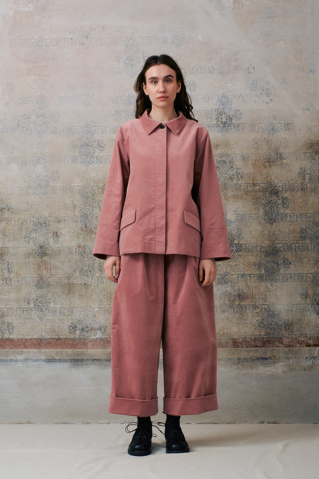 Pink Velvet Cuffed Hems Pants
