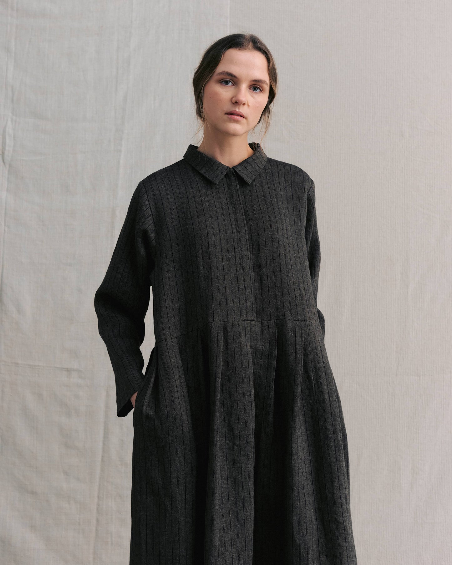 Brown Striped Hidden Buttons Dress