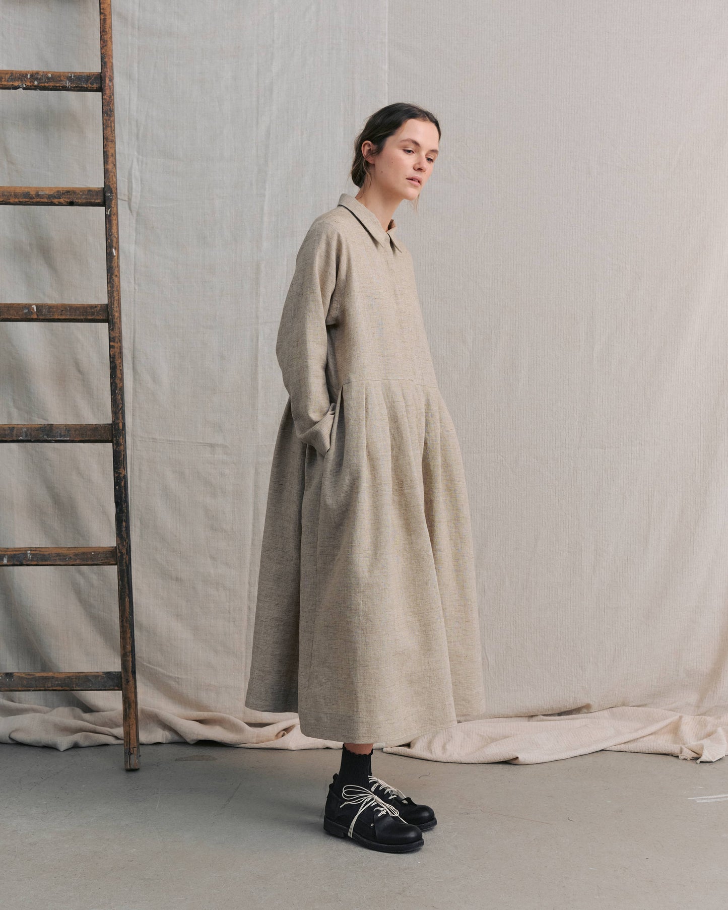 Sand Hidden Buttons Dress