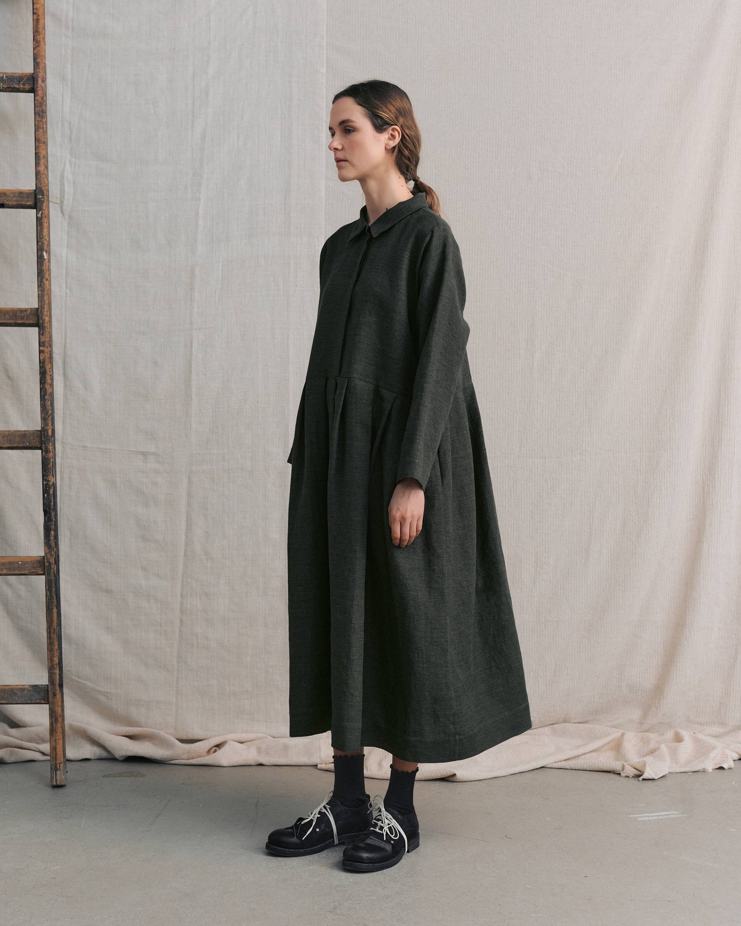 Moss Green Patterned Hidden Buttons Dress
