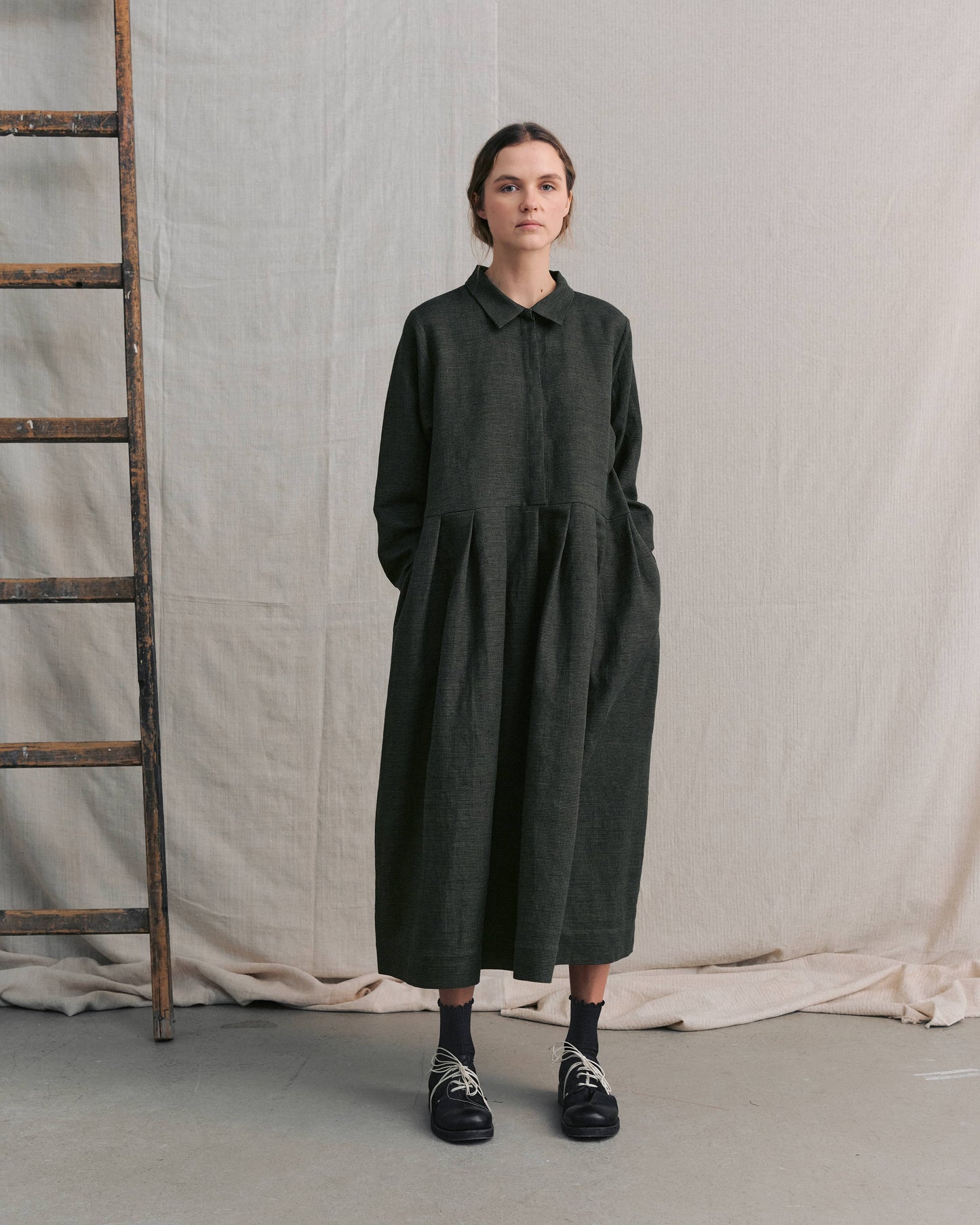 Moss Green Patterned Hidden Buttons Dress