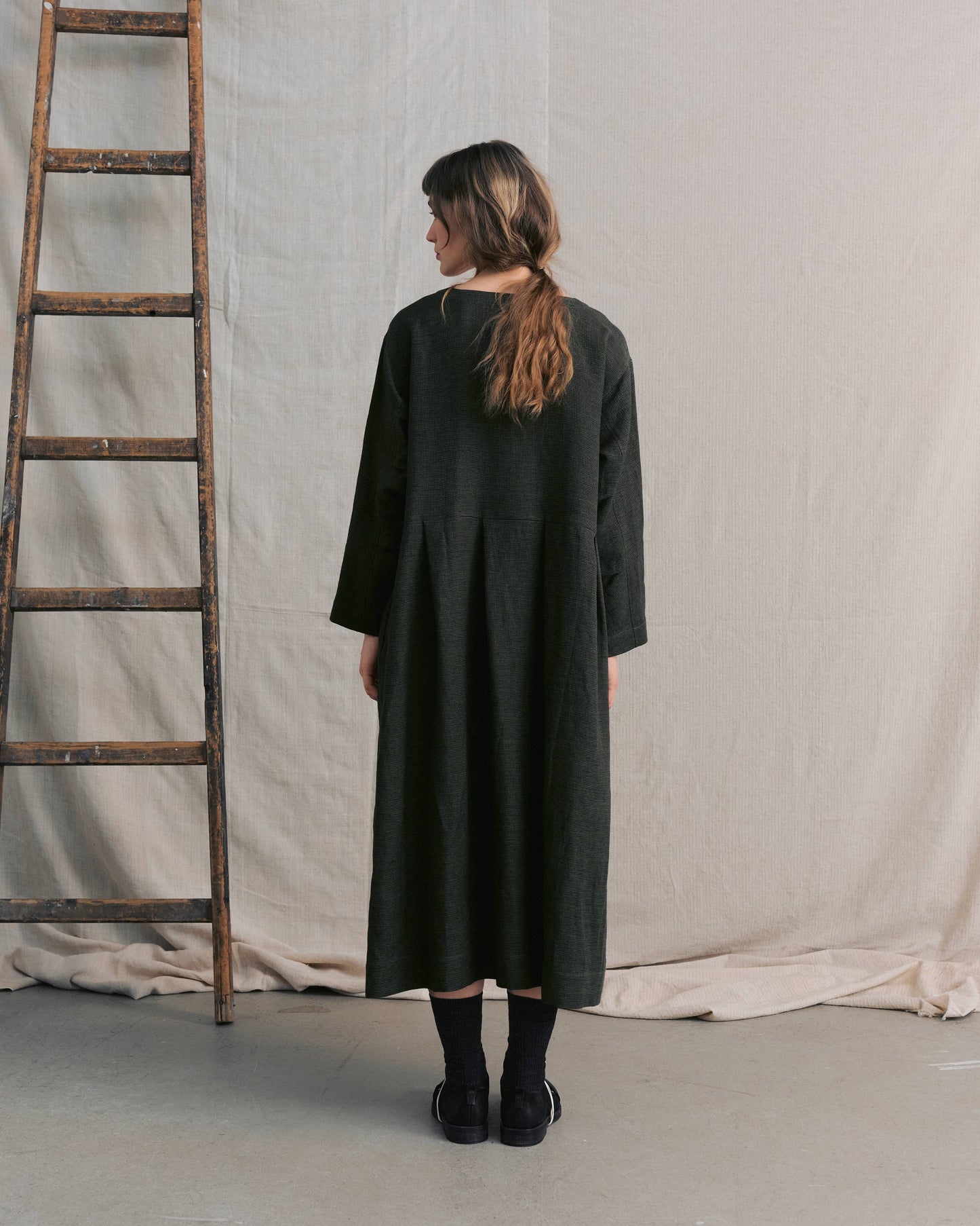 Moss Green Patterned Pleated Dress