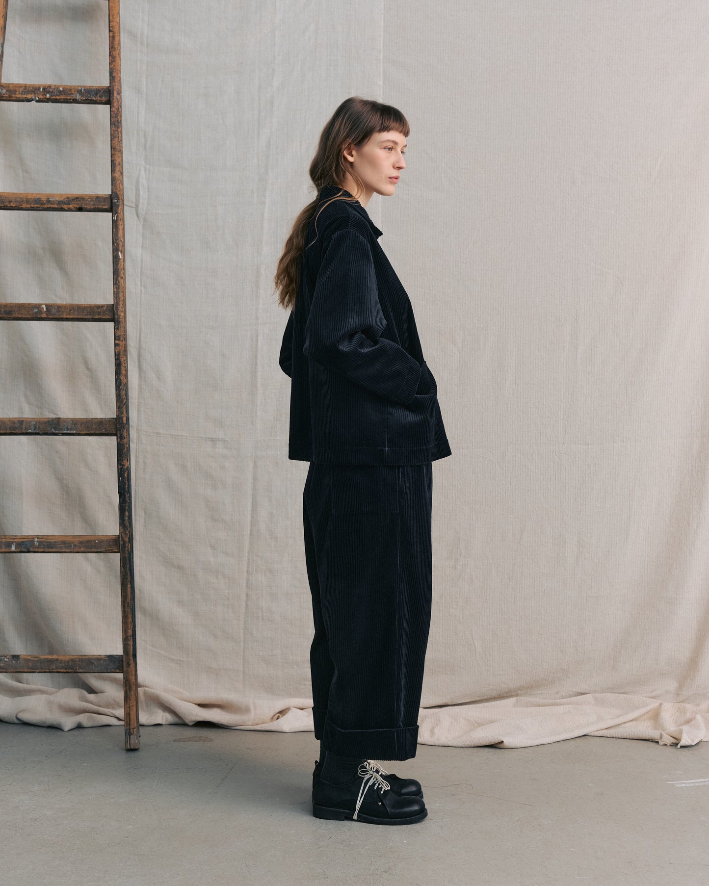 Dark Navy Corduroy Cuffed Hems Pants