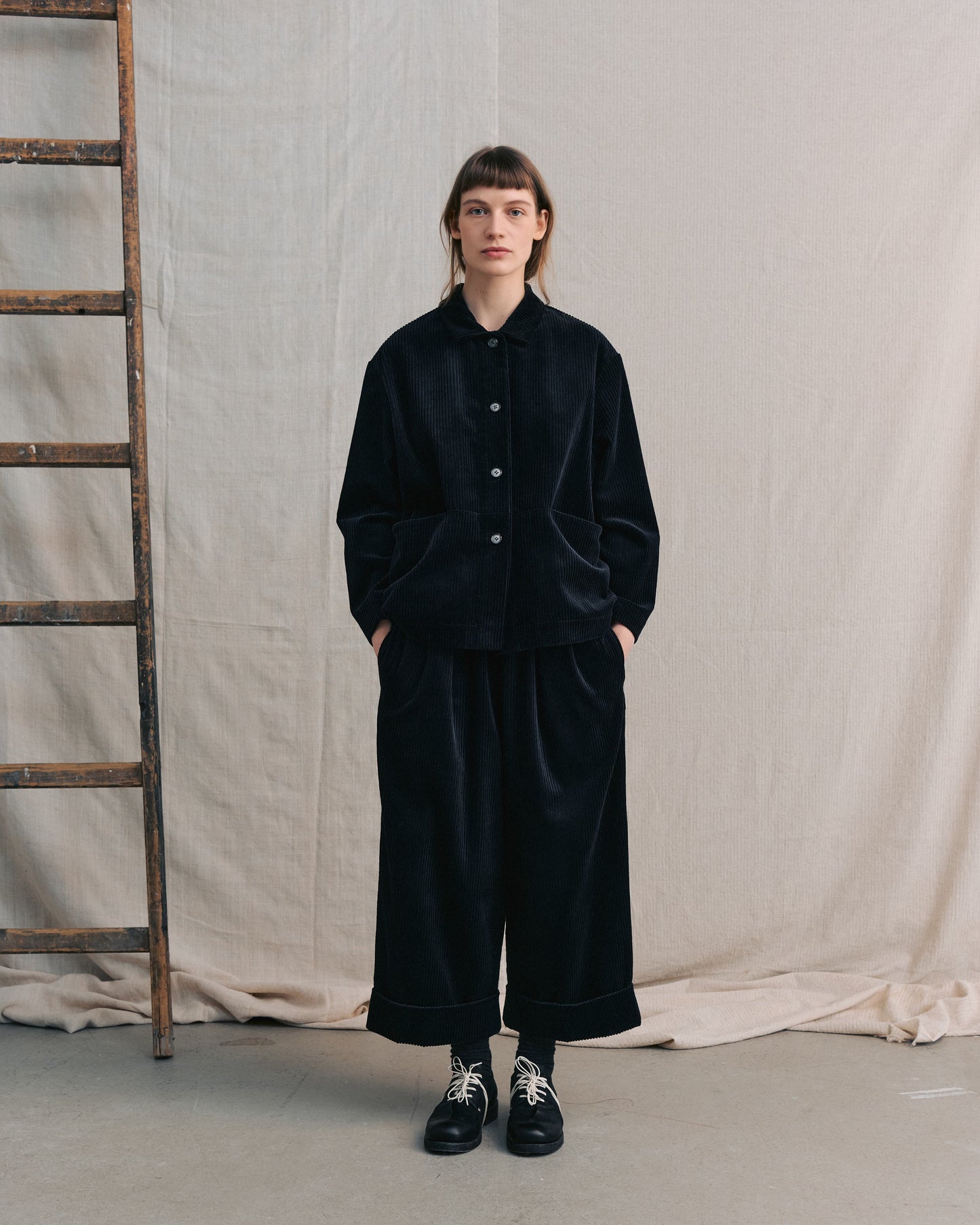 Dark Navy Corduroy Cuffed Hems Pants