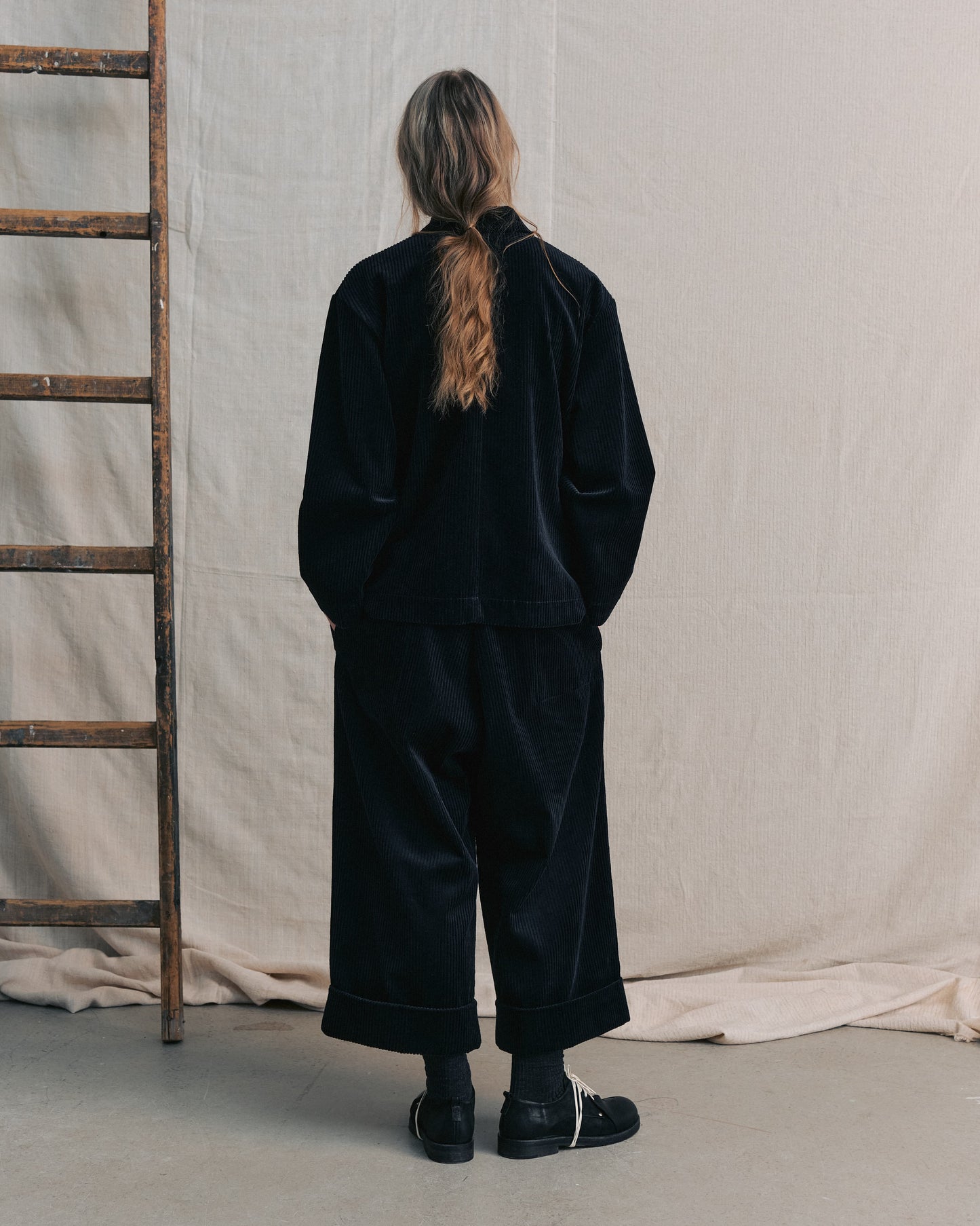 Dark Navy Corduroy Cuffed Hems Pants
