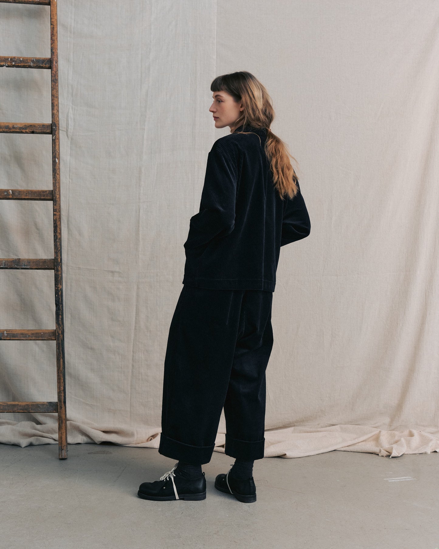Dark Navy Corduroy Cuffed Hems Pants