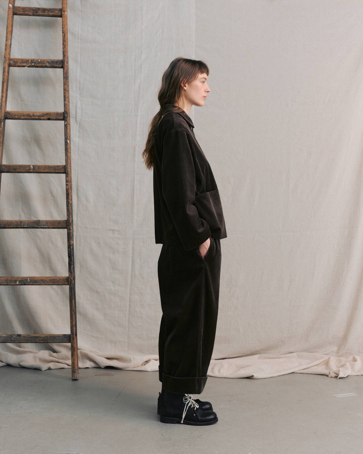 Moss Green Corduroy Cuffed Hems Pants