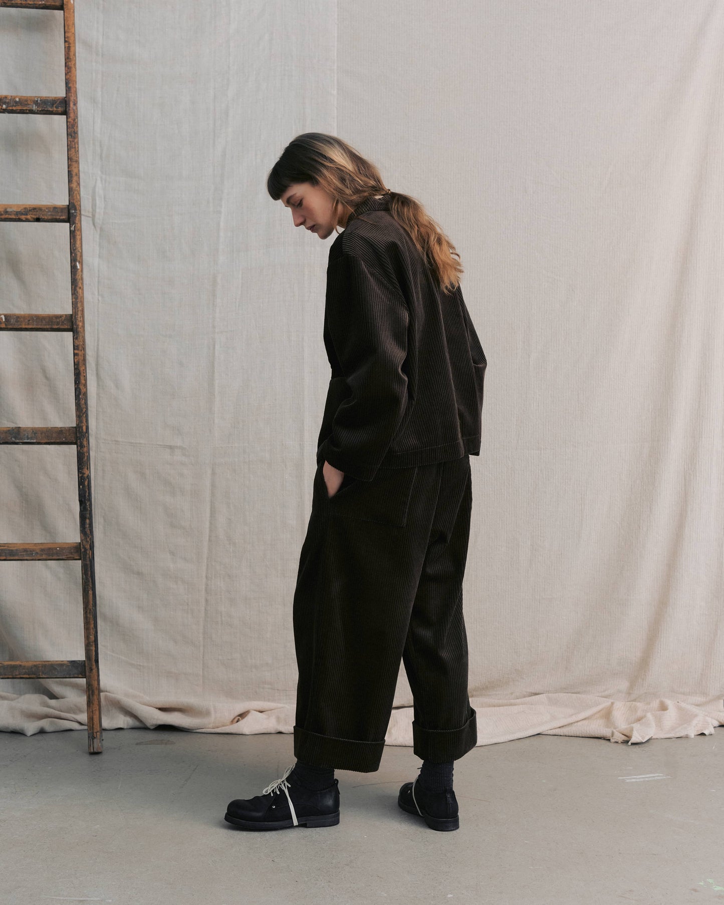 Moss Green Corduroy Cuffed Hems Pants