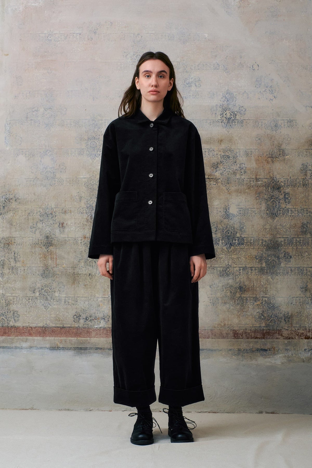 Black Velvet Cuffed Hems Pants
