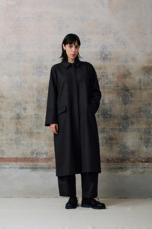 Dark Grey Wool Hidden Buttons Coat