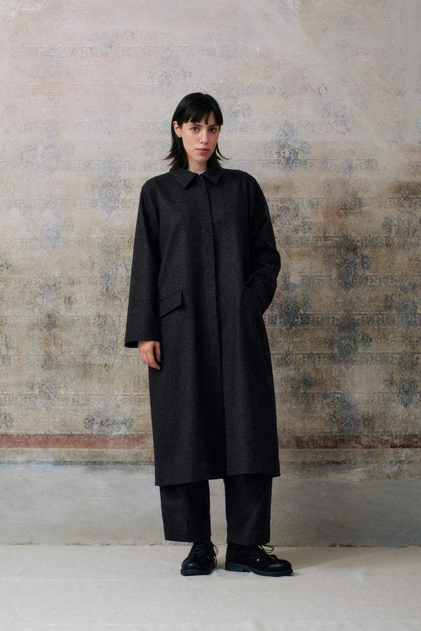 Dark Grey Wool Hidden Buttons Coat