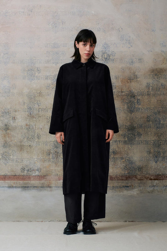 Black Velvet Hidden Buttons Coat