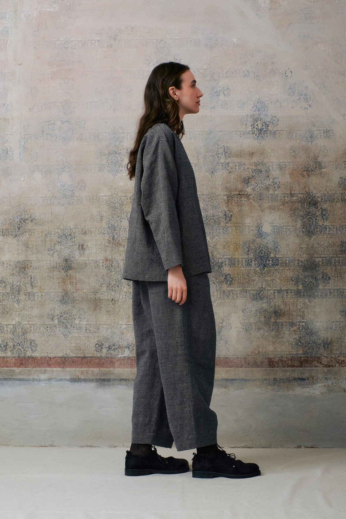 Grey Patterned Pants With Pleats