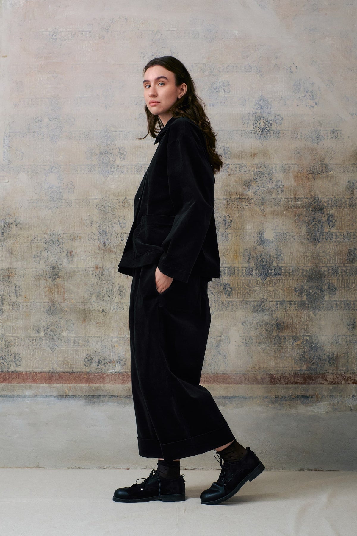 Black Velvet Cuffed Hems Pants