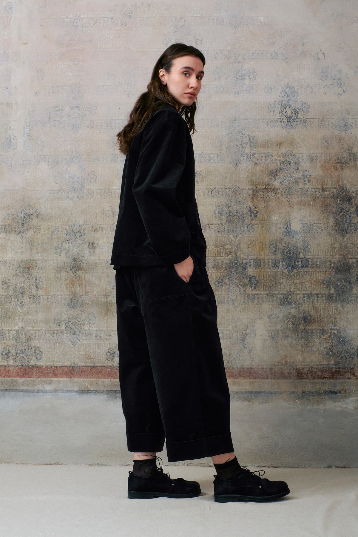 Black Velvet Cuffed Hems Pants