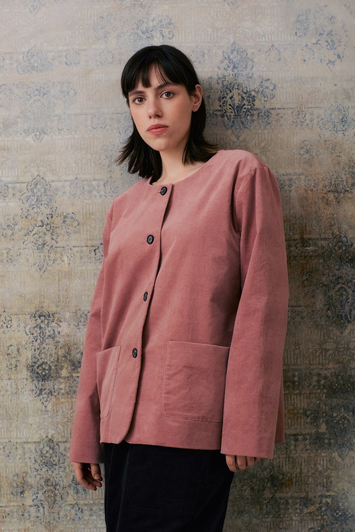 Pink Velvet Collarless Jacket
