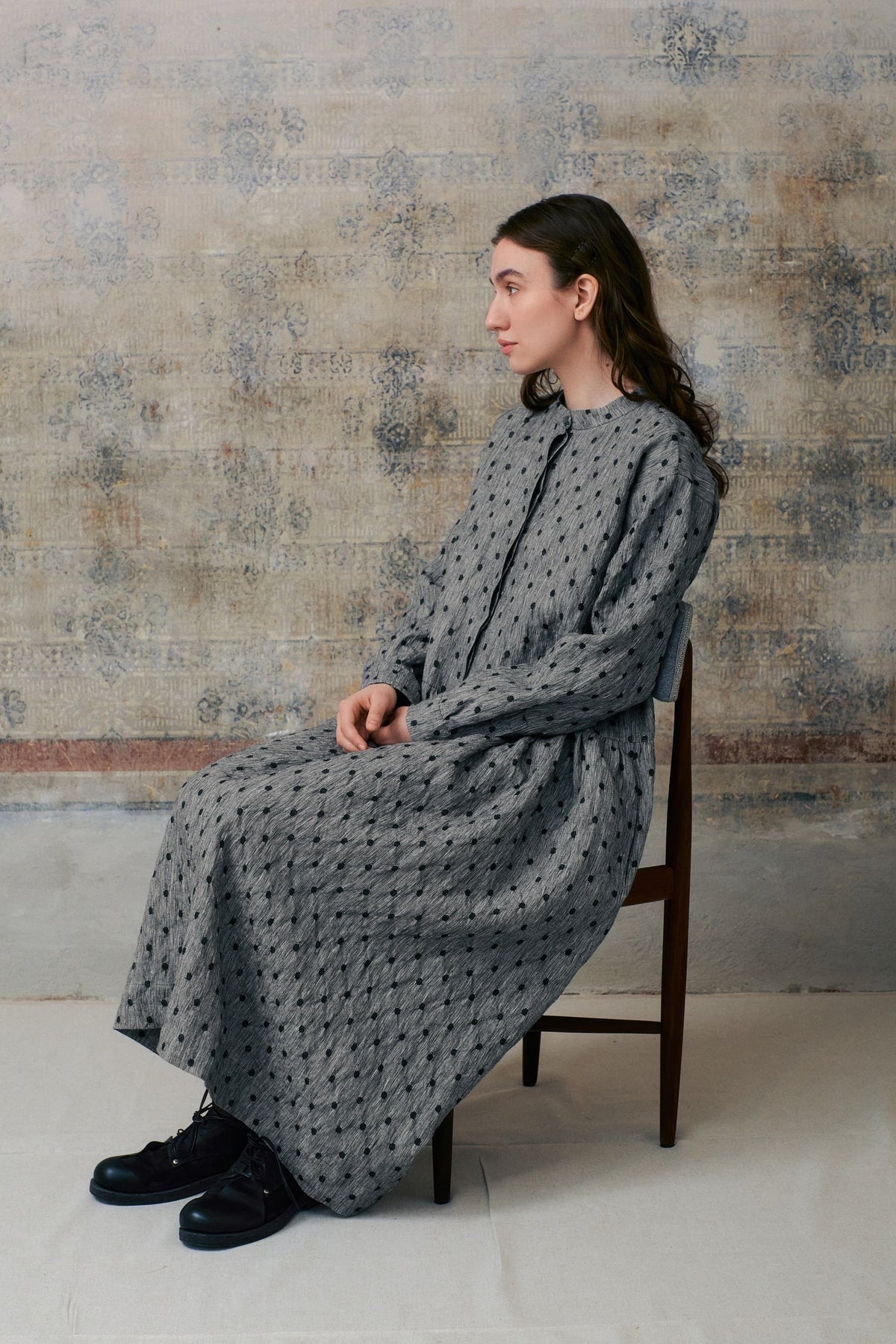 Grey Dot Hidden Buttons Dress