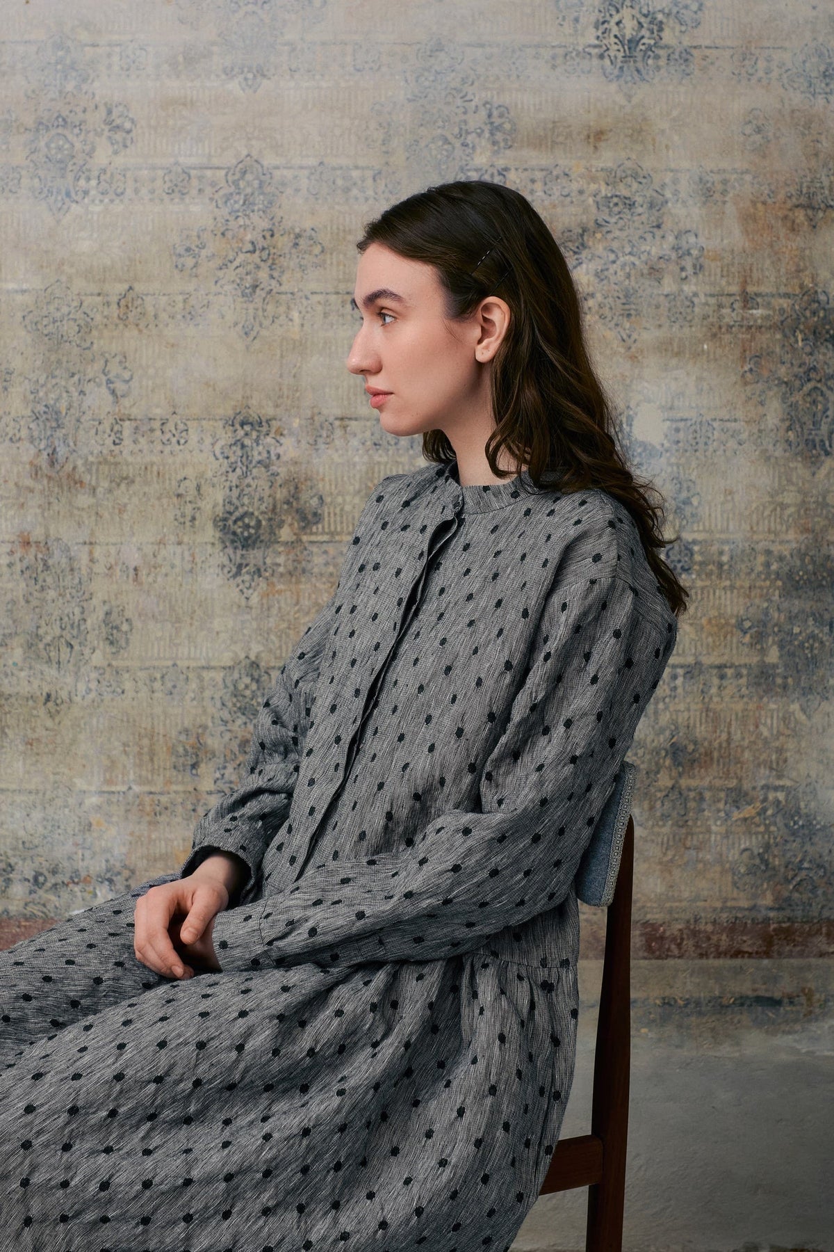 Grey Dot Hidden Buttons Dress