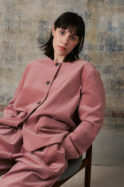 Pink Velvet Collarless Jacket
