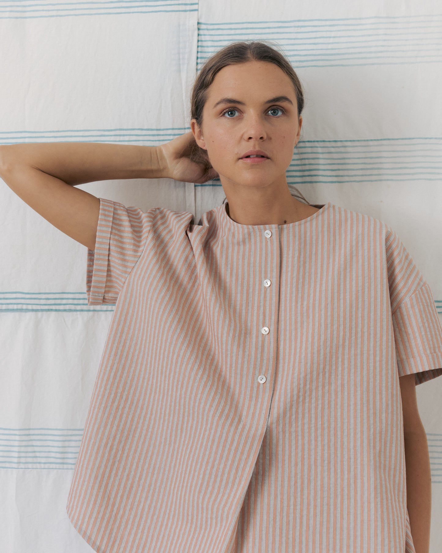 Peach Striped Collarless Shirts