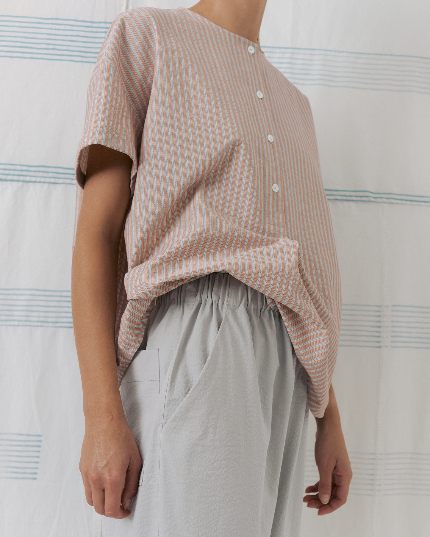 Peach Striped Collarless Shirts