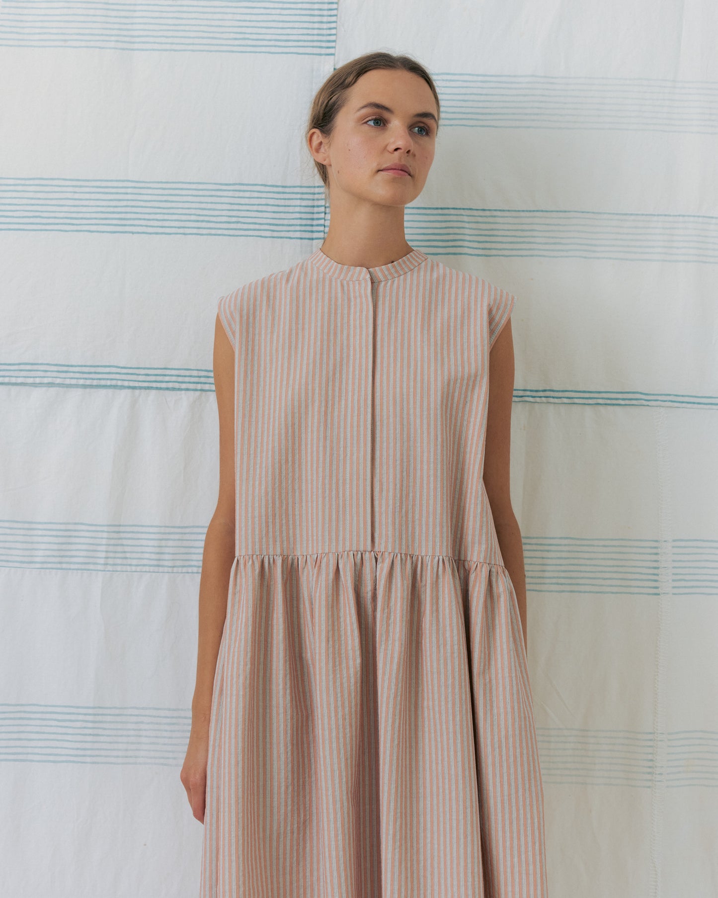 Peach Striped Band Collar Dress