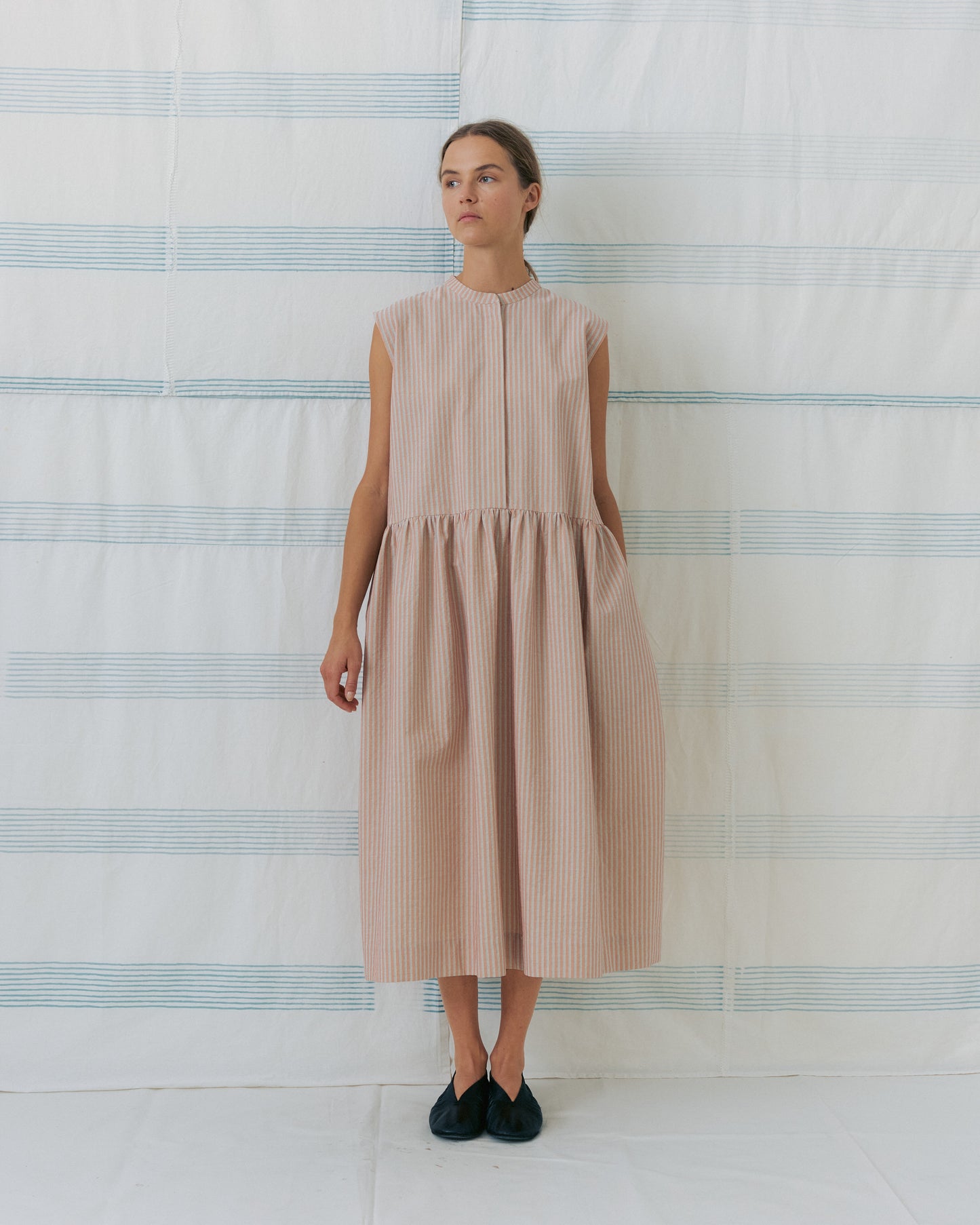 Peach Striped Band Collar Dress