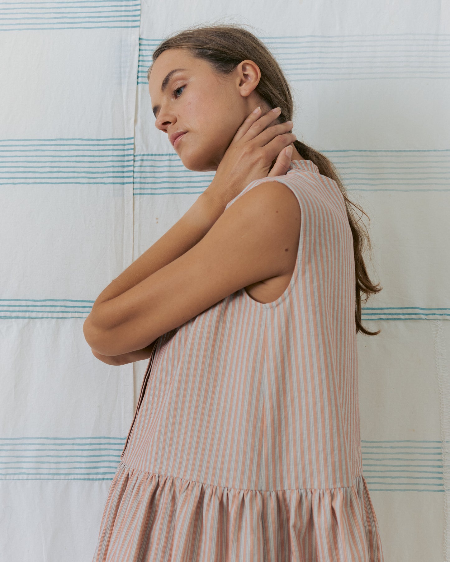 Peach Striped Band Collar Dress