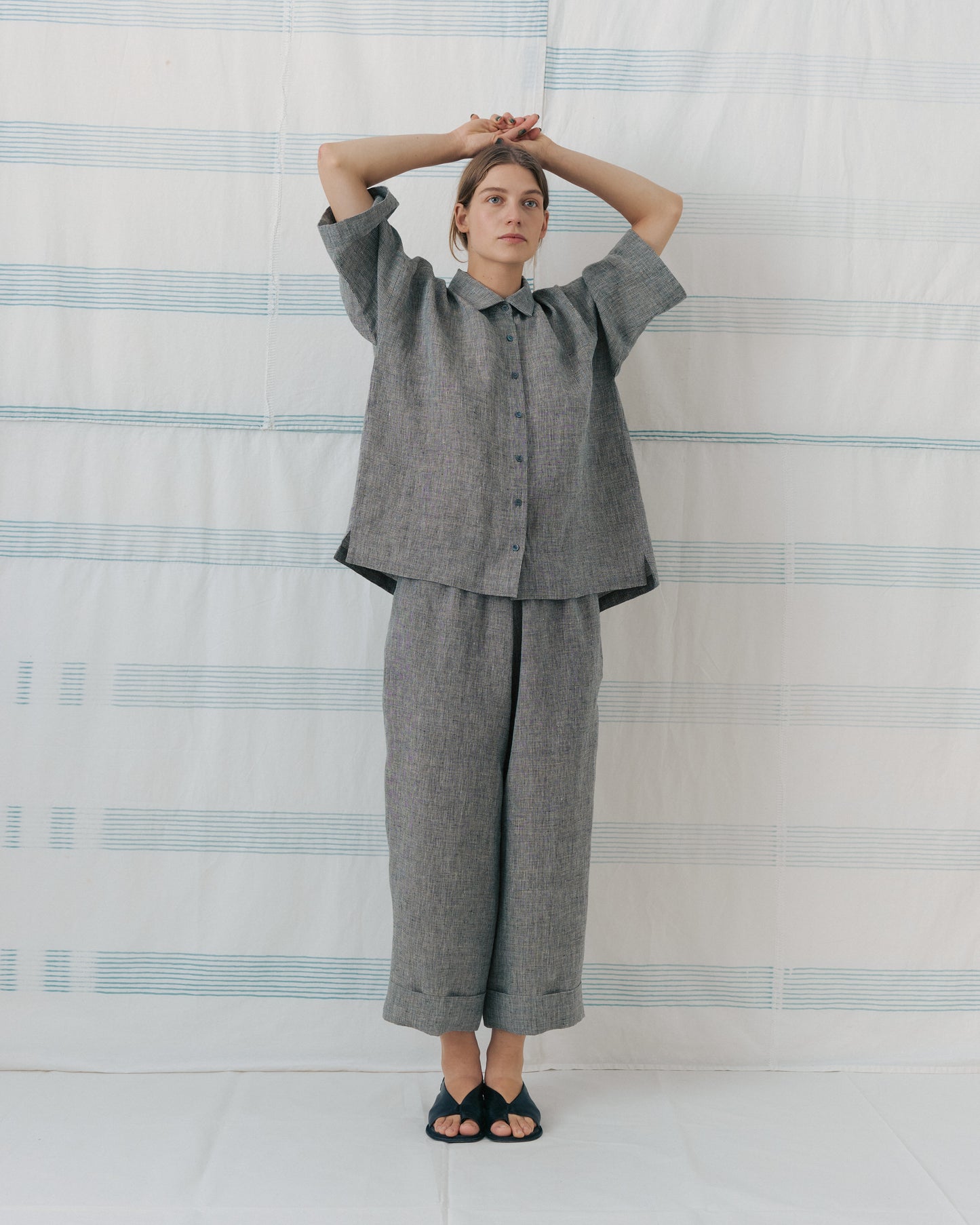 Grey Gingham Cuffed Hems Pants