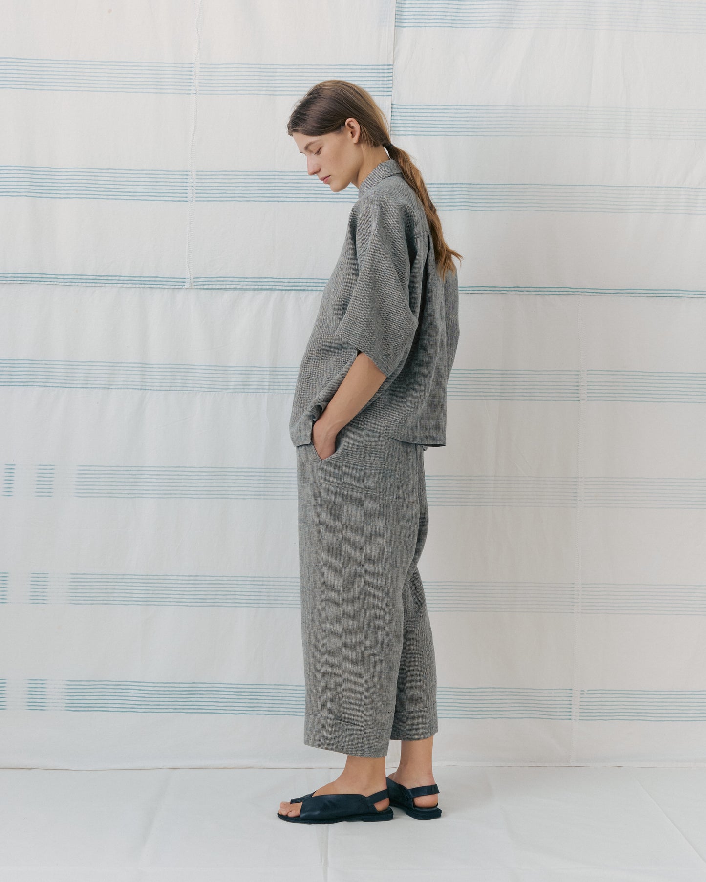 Grey Gingham Cuffed Hems Pants