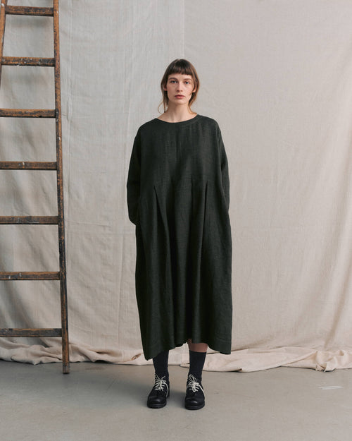 Moss Green Patterned Pleated Dress