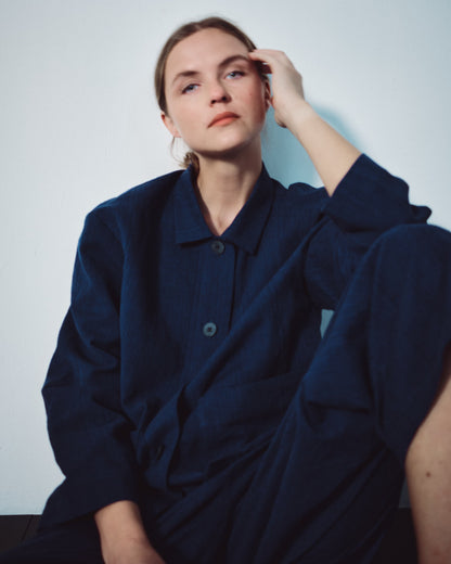 Indigo Gingham Jacket With Pockets