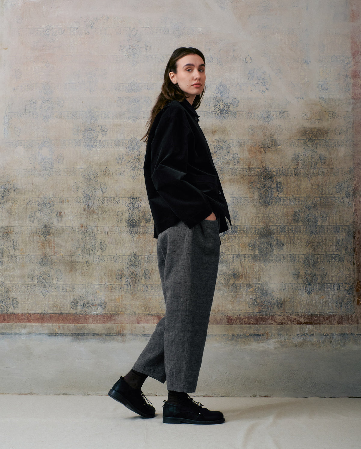 Grey Patterned Front Pocket Pants